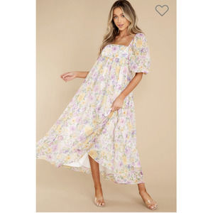 Storia Lavender Floral Ruffled Puffy Sleeve Print Maxi Dress Small